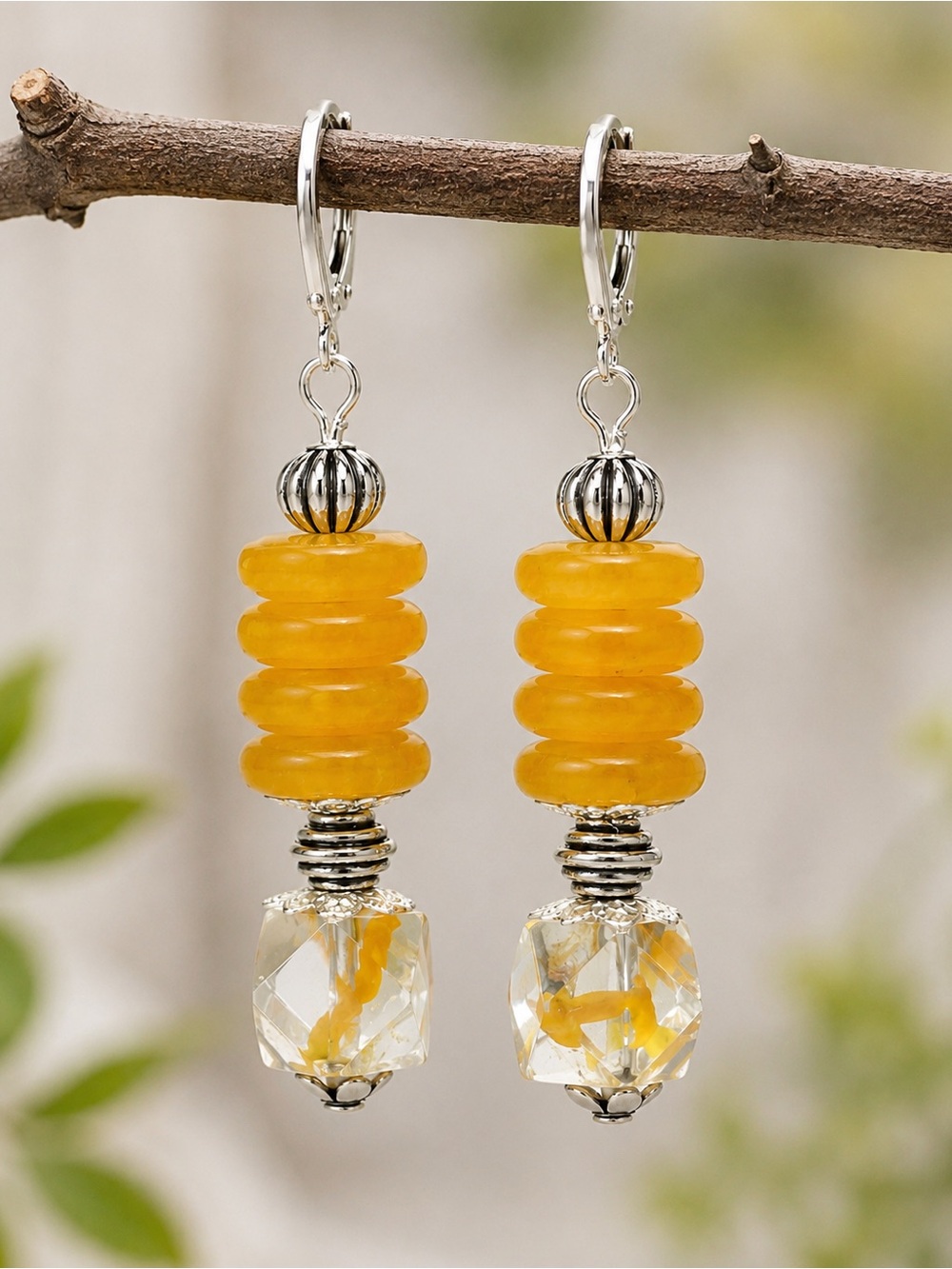 Sunny Yellow Art Nouveau Earrings, Silver Dangle Earrings